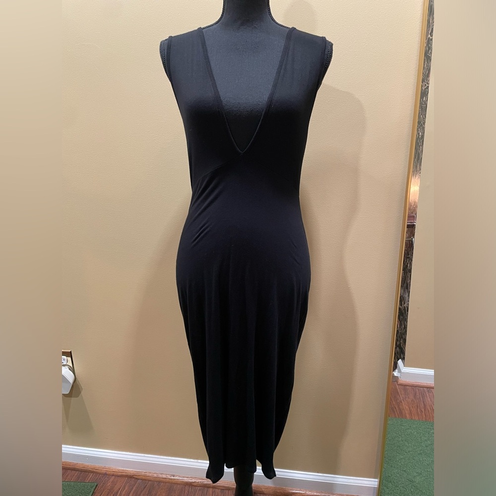 Black Dress Deep V Neck L Corporate Goth Wednesday Dark Academia LBD Lady Gaga